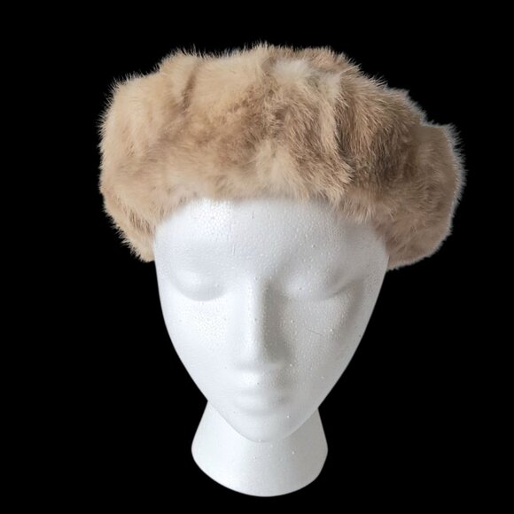 Vintage 1960s Furs by Marche Beige/Cream Mink Rolled Brim Pillbox Hat - Picture 2 of 8